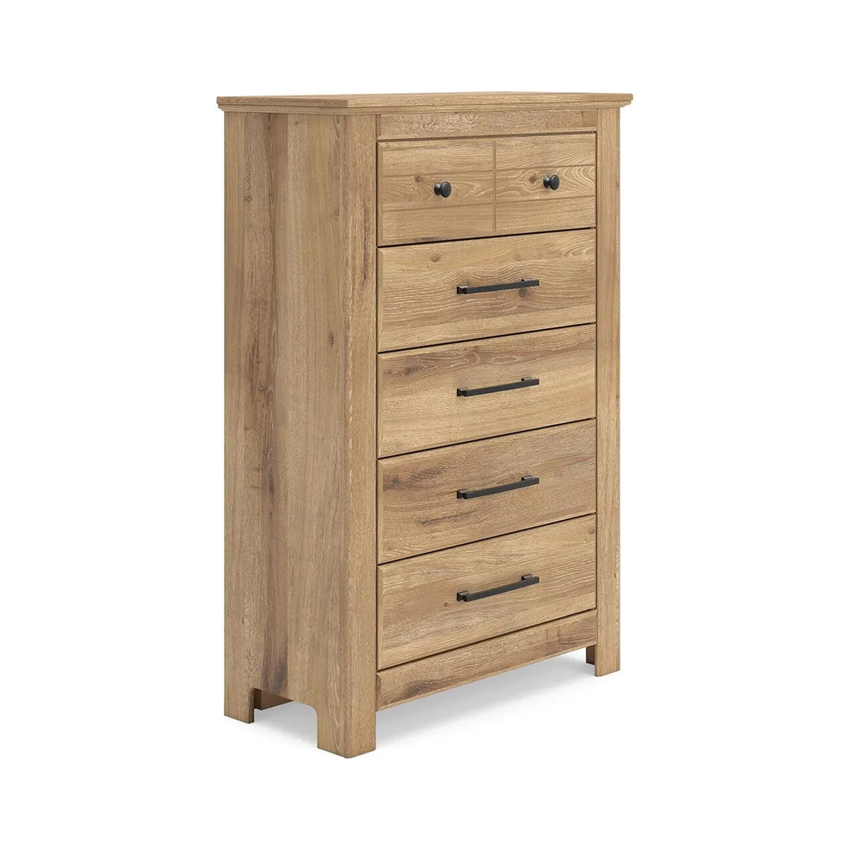 Maki Tall Dresser Chest, 5 Drawers, Natural Brown Finish and Bronze Knobs