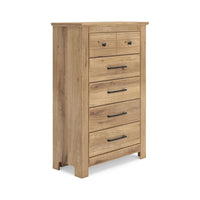 Maki Tall Dresser Chest, 5 Drawers, Natural Brown Finish and Bronze Knobs