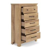 Maki Tall Dresser Chest, 5 Drawers, Natural Brown Finish and Bronze Knobs