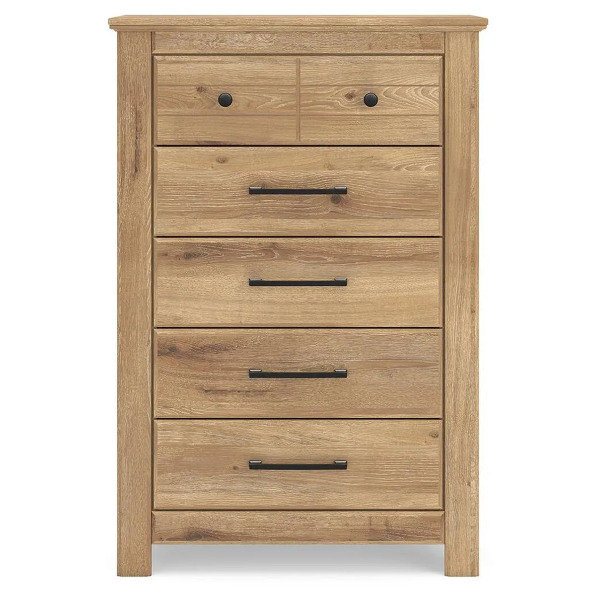 Maki Tall Dresser Chest, 5 Drawers, Natural Brown Finish and Bronze Knobs