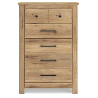 Maki Tall Dresser Chest, 5 Drawers, Natural Brown Finish and Bronze Knobs