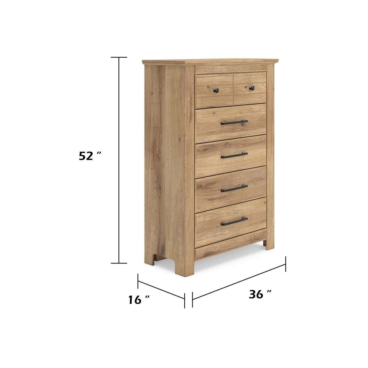 Maki Tall Dresser Chest, 5 Drawers, Natural Brown Finish and Bronze Knobs