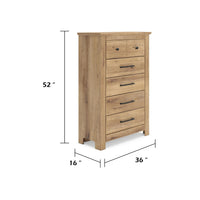 Maki Tall Dresser Chest, 5 Drawers, Natural Brown Finish and Bronze Knobs