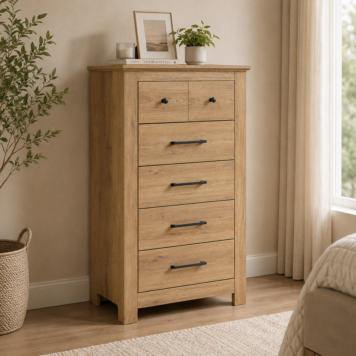 Maki Tall Dresser Chest, 5 Drawers, Natural Brown Finish and Bronze Knobs
