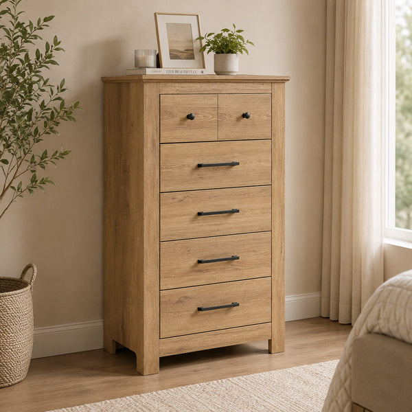 Maki Tall Dresser Chest, 5 Drawers, Natural Brown Finish and Bronze Knobs