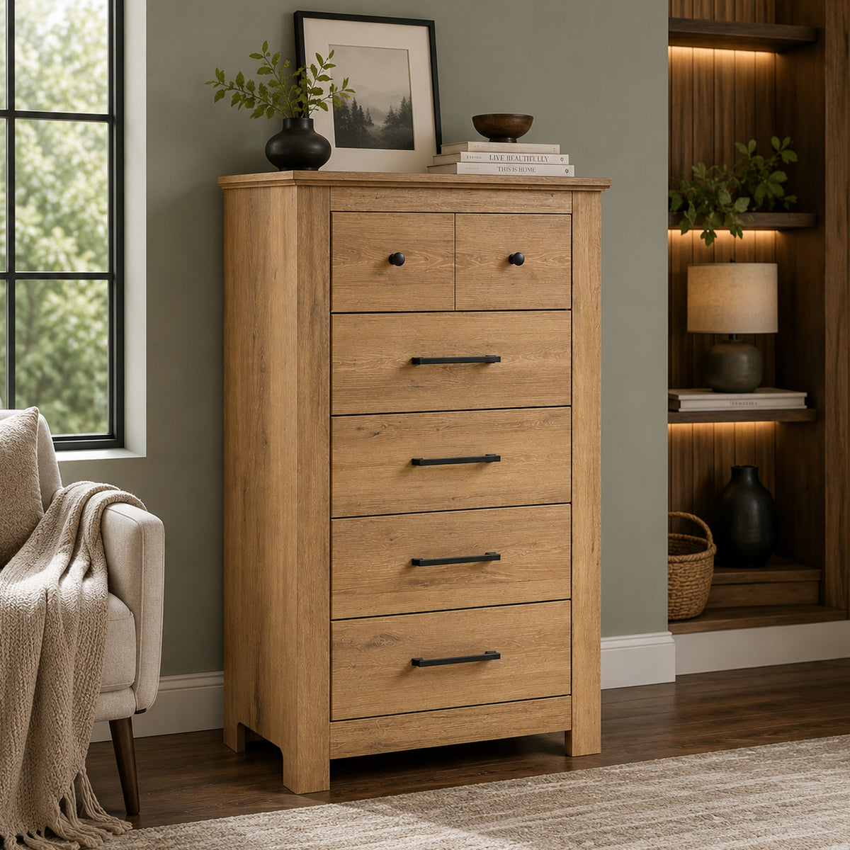 Maki Tall Dresser Chest, 5 Drawers, Natural Brown Finish and Bronze Knobs