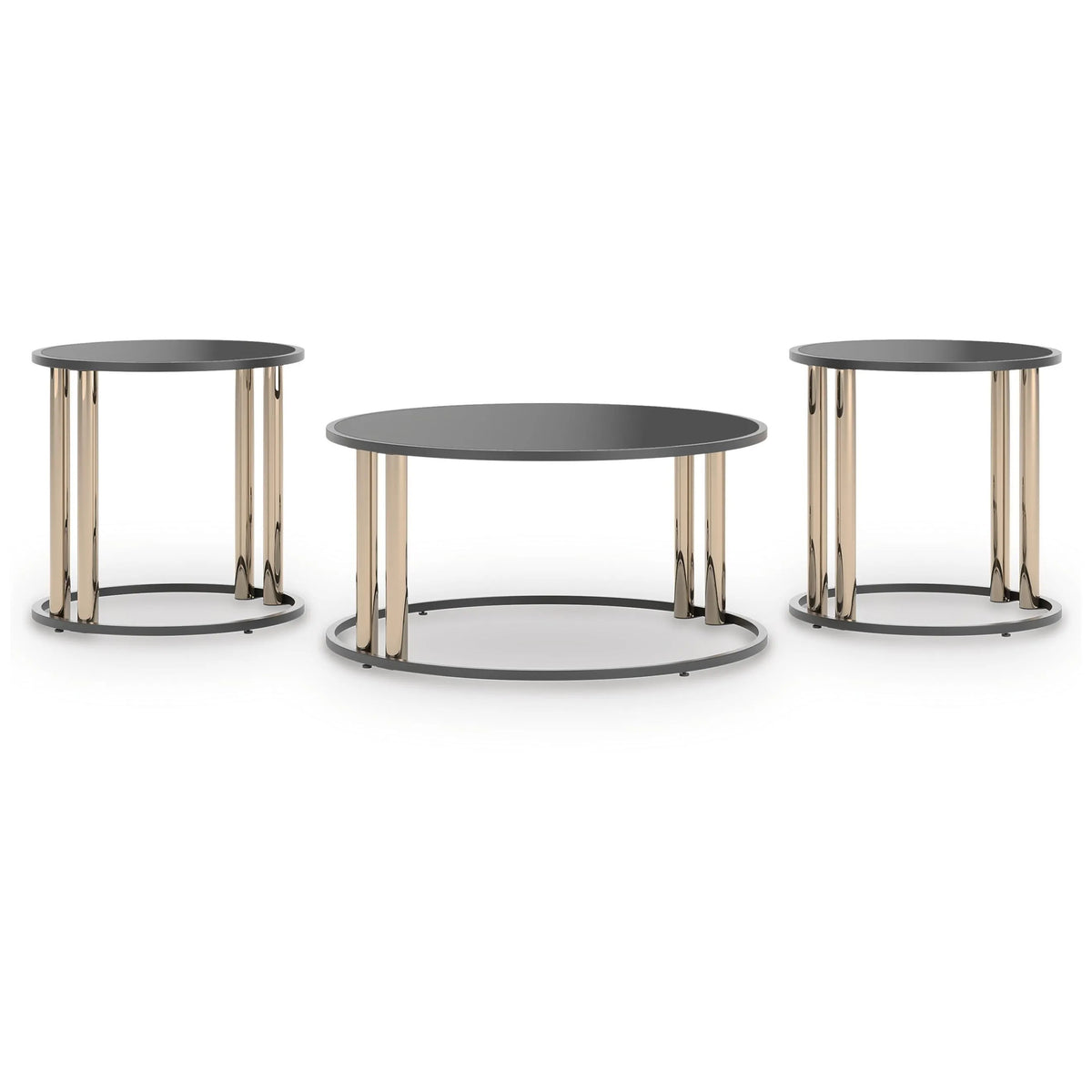 Hanah 3Pc Round Table Set with Goldtone Metal Accents, Black Glass