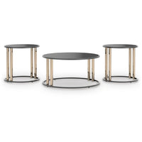 Hanah 3Pc Round Table Set with Goldtone Metal Accents, Black Glass