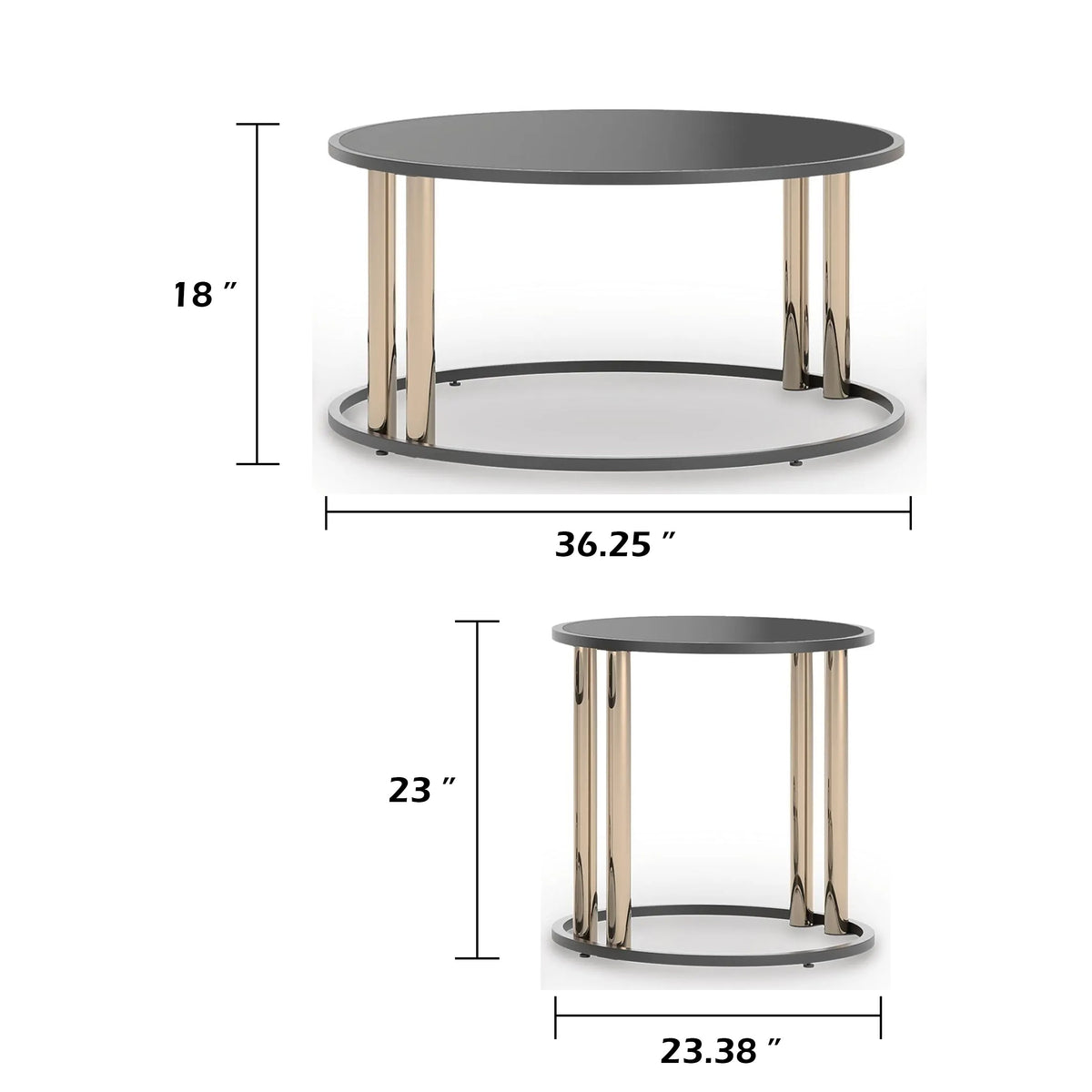 Hanah 3Pc Round Table Set with Goldtone Metal Accents, Black Glass