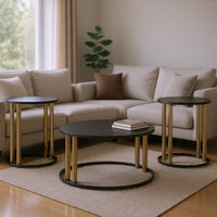 Hanah 3Pc Round Table Set with Goldtone Metal Accents, Black Glass