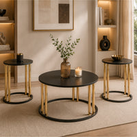 Hanah 3Pc Round Table Set with Goldtone Metal Accents, Black Glass