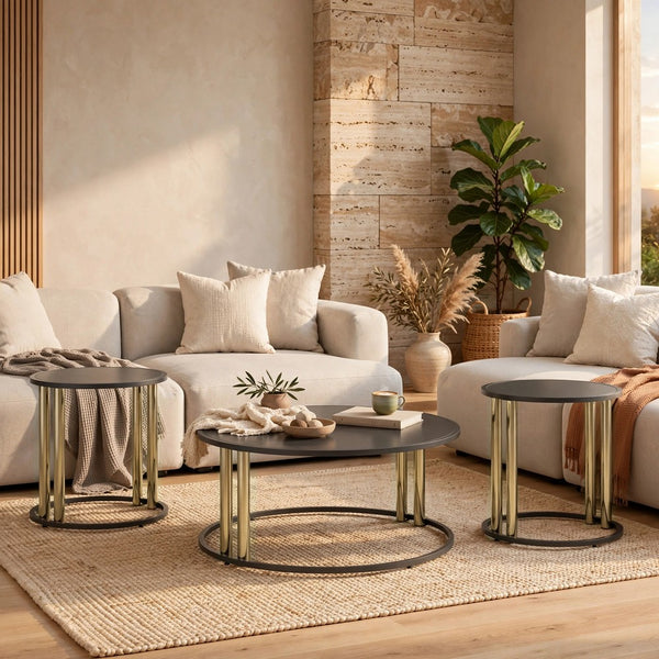 Hanah 3Pc Round Table Set with Goldtone Metal Accents, Black Glass