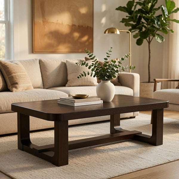 Kemu Rectangular Coffee Table, Open Frame Base, Dark Brown Wood, 56 Inch