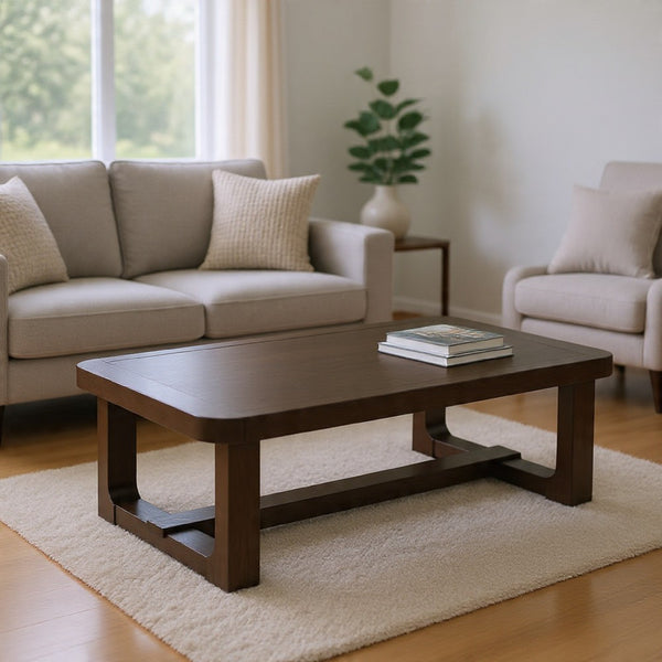 Kemu Rectangular Coffee Table, Open Frame Base, Dark Brown Wood, 56 Inch