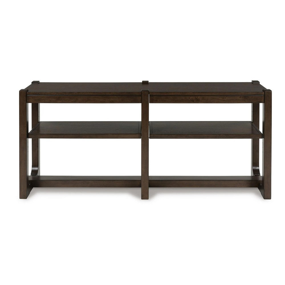 Kemu Sofa Console Table, 2 Adjustable Shelves, Dark Brown Wood 65 Inches - BM354646