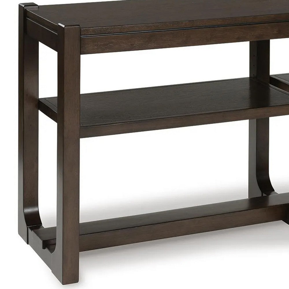 Kemu Sofa Console Table, 2 Adjustable Shelves, Dark Brown Wood 65 Inches - BM354646