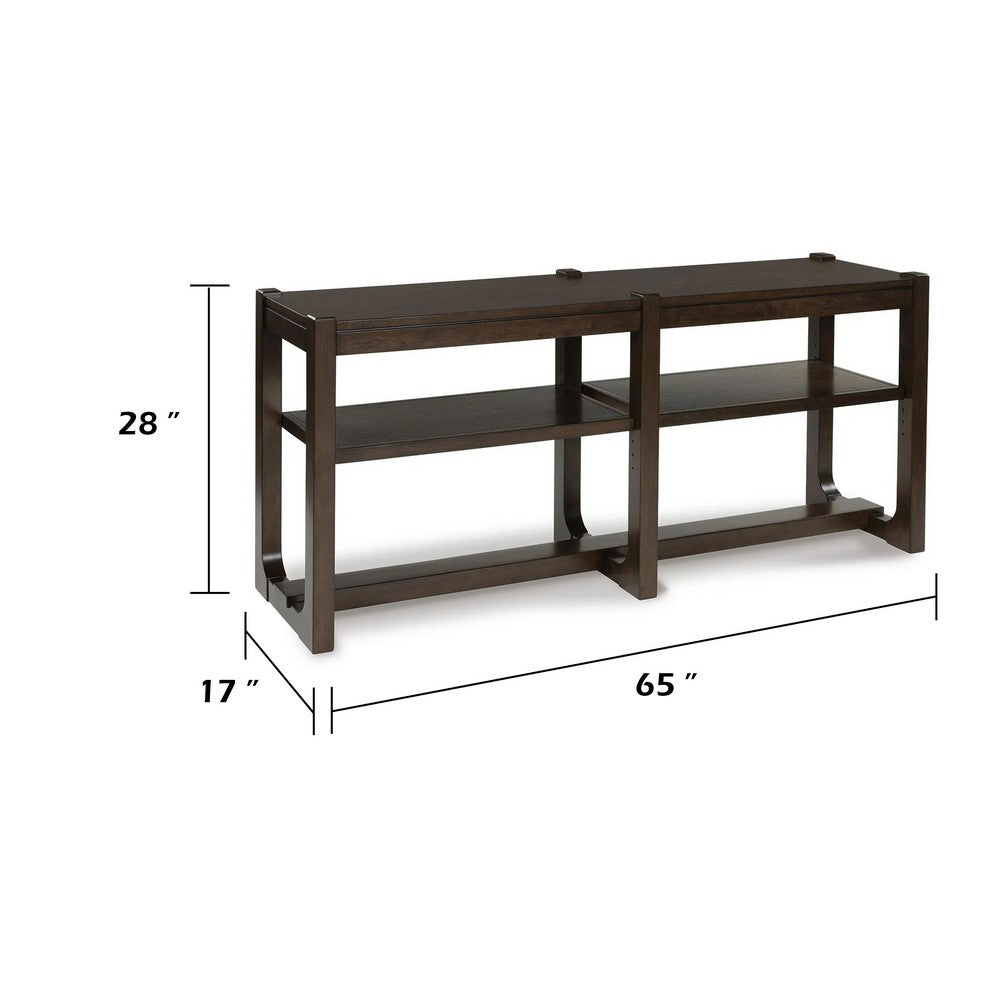 Kemu Sofa Console Table, 2 Adjustable Shelves, Dark Brown Wood 65 Inches - BM354646