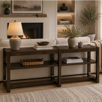 Kemu Sofa Console Table, 2 Adjustable Shelves, Dark Brown Wood 65 Inches - BM354646