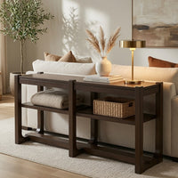 Kemu Sofa Console Table, 2 Adjustable Shelves, Dark Brown Wood 65 Inches - BM354646