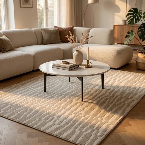 Bella 8x10 Large Area Rug with Abstract Linear Patterns, Beige-White