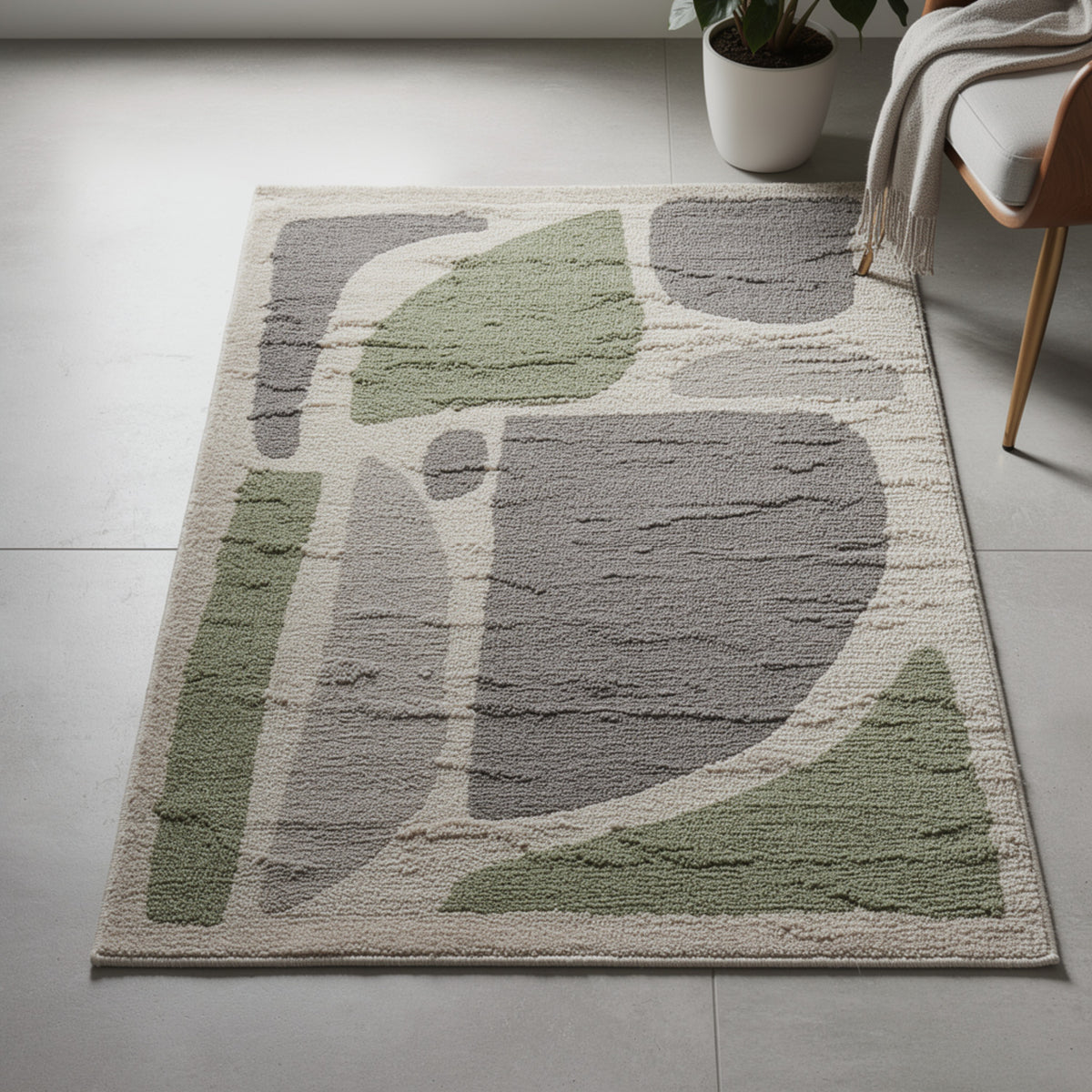 Abram 8x10 Large Area Rug with Green-Gray Geometric Blocks, Ivory