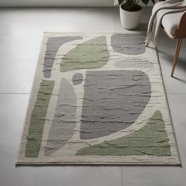 Abram 8x10 Large Area Rug with Green-Gray Geometric Blocks, Ivory