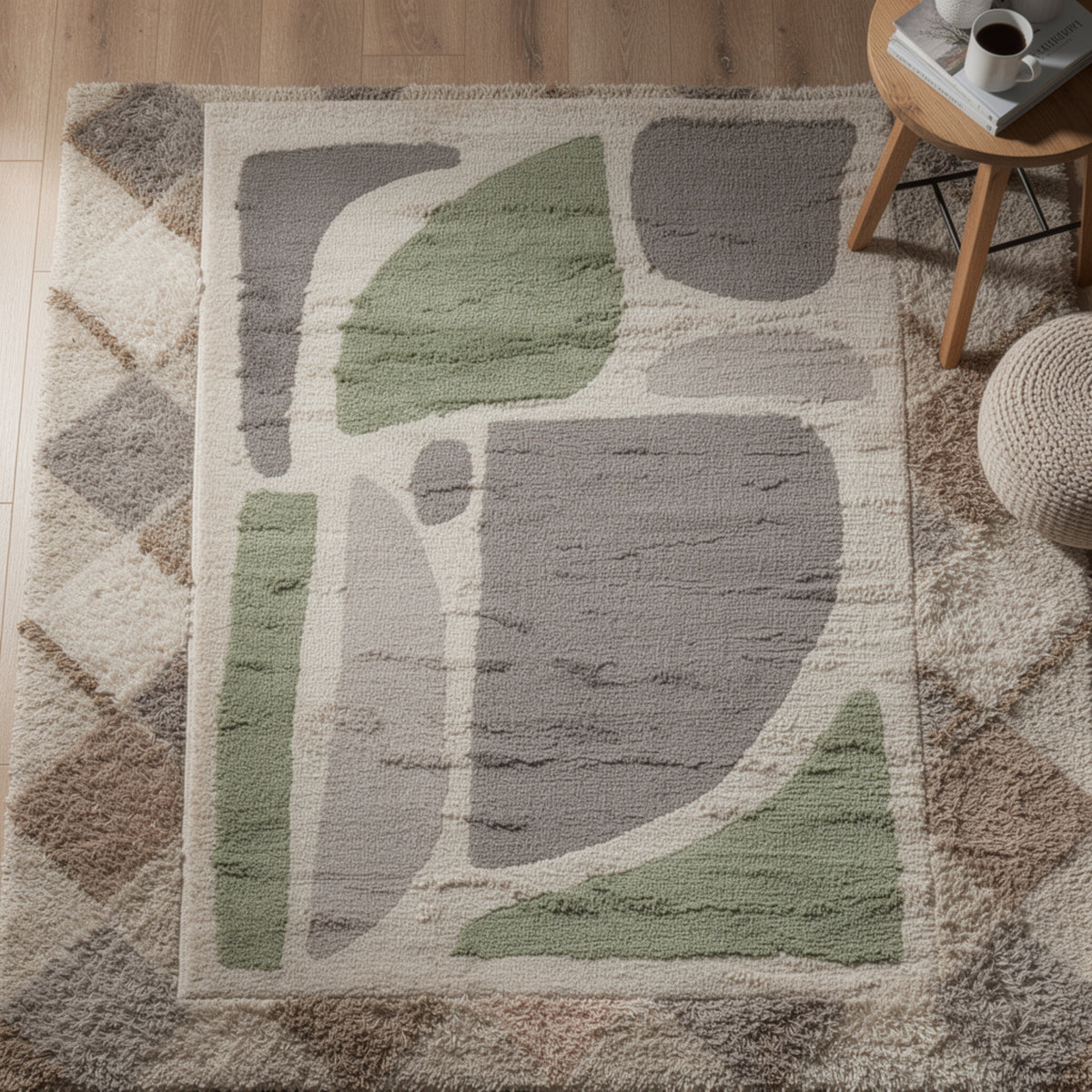 Abram 8x10 Large Area Rug with Green-Gray Geometric Blocks, Ivory