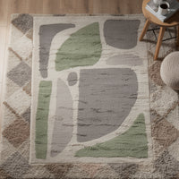 Abram 8x10 Large Area Rug with Green-Gray Geometric Blocks, Ivory
