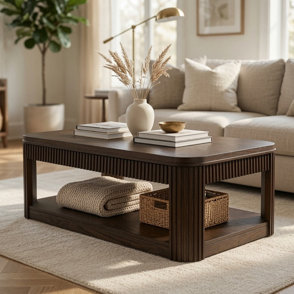 Carli Coffee Table with Lift Top, Open Shelf Base, Dark Brown, 48 Inch - BM354650