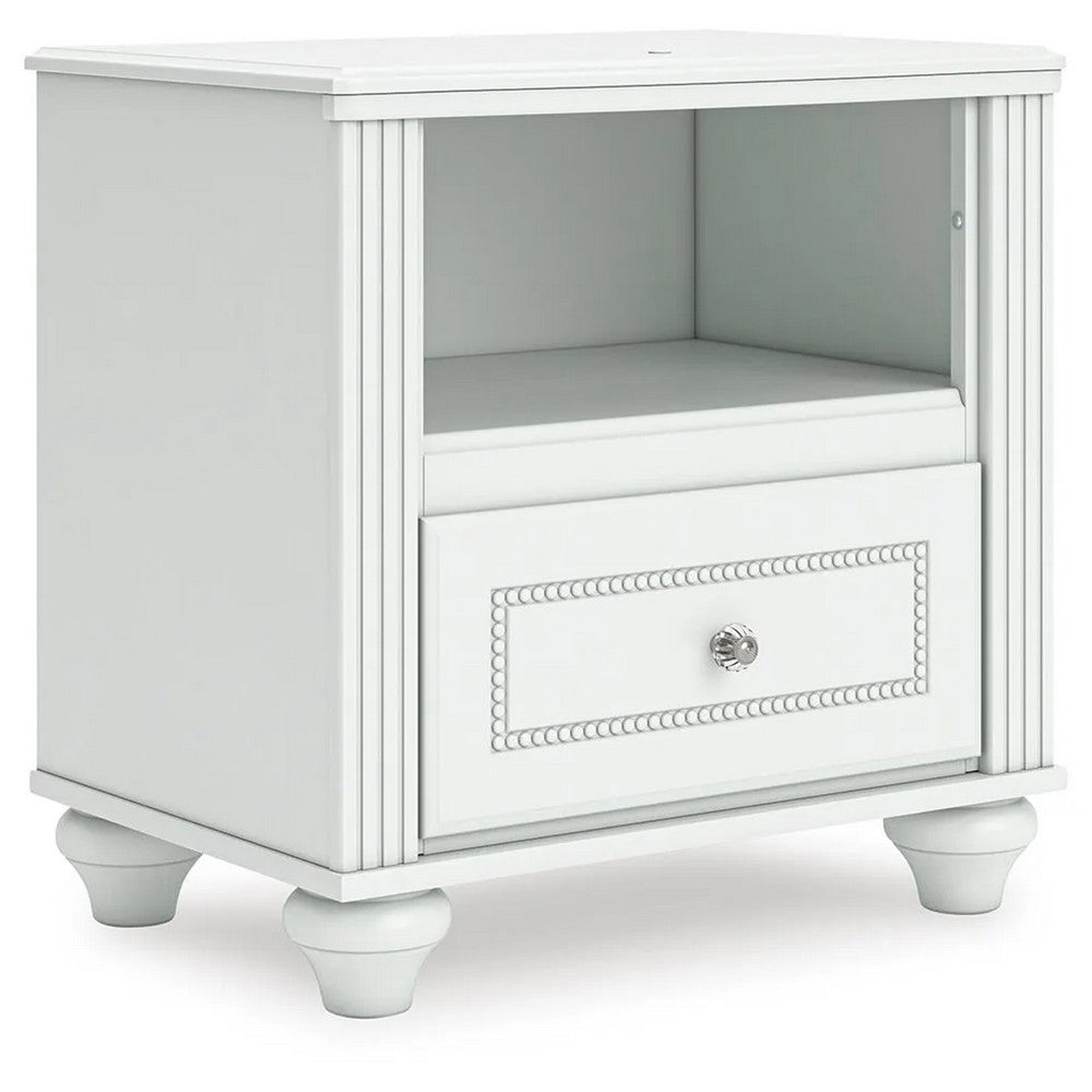 Koze Nightstand with Beaded Drawer and Open Cubby, White Wood 23 Inch - BM354651