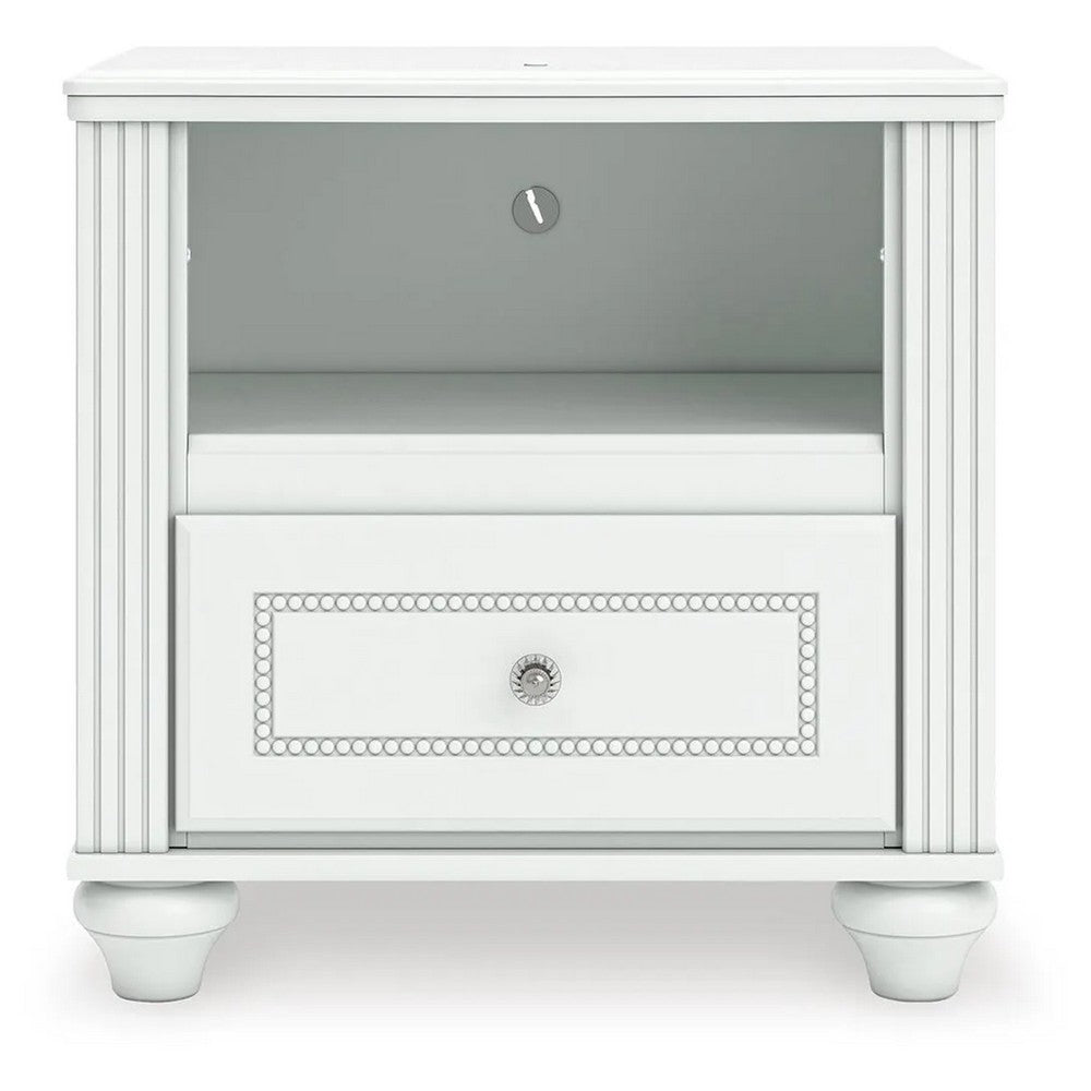 Koze Nightstand with Beaded Drawer and Open Cubby, White Wood 23 Inch - BM354651