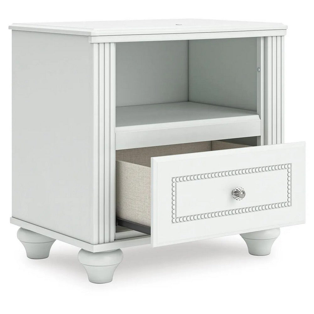 Koze Nightstand with Beaded Drawer and Open Cubby, White Wood 23 Inch - BM354651