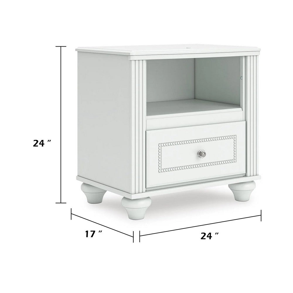Koze Nightstand with Beaded Drawer and Open Cubby, White Wood 23 Inch - BM354651
