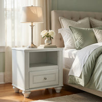 Koze Nightstand with Beaded Drawer and Open Cubby, White Wood 23 Inch - BM354651