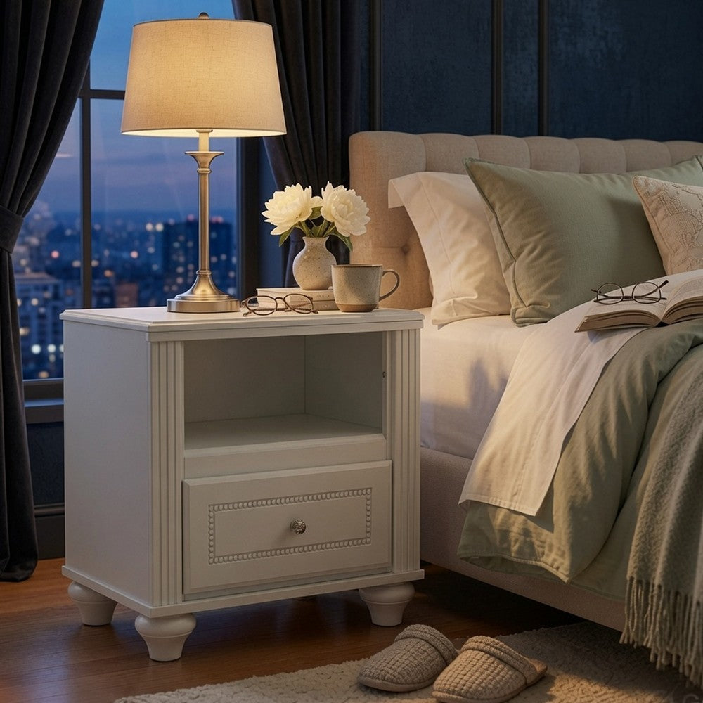 Koze Nightstand with Beaded Drawer and Open Cubby, White Wood 23 Inch - BM354651