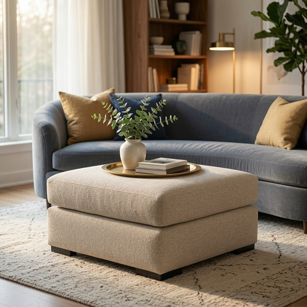 Grove Oversized Square Ottoman, Black Feet, Pebble Beige Textured, 36 Inch