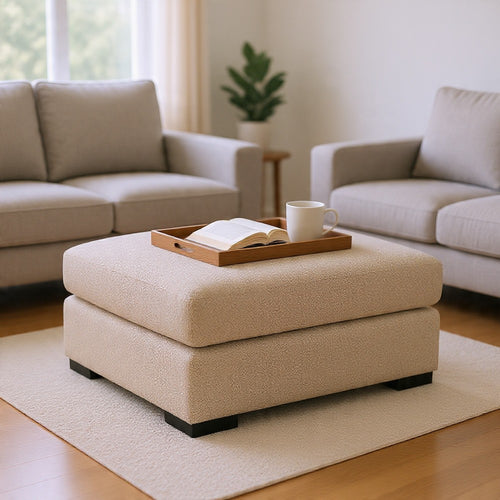 Grove Oversized Square Ottoman, Black Feet, Pebble Beige Textured, 36 Inch