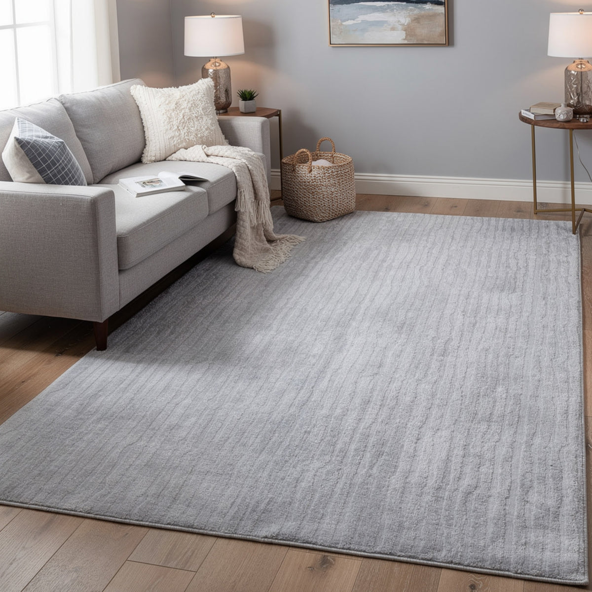 Worly 8x10 Large Area Rug, Textured Linear Patterns, Light Gray Faux Fur