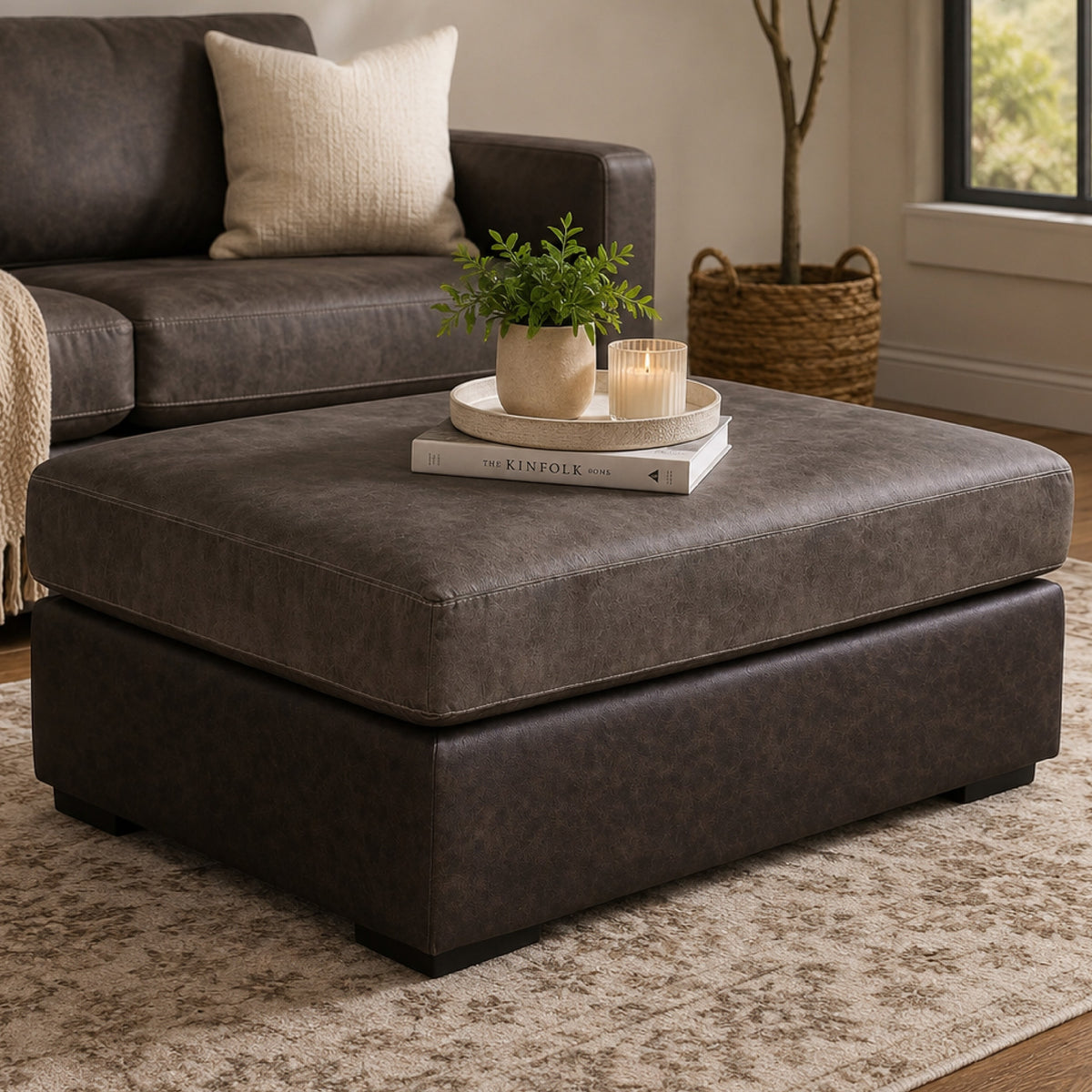 Casy Oversized Ottoman with Block Feet, Fossil Faux Leather 53 Inch