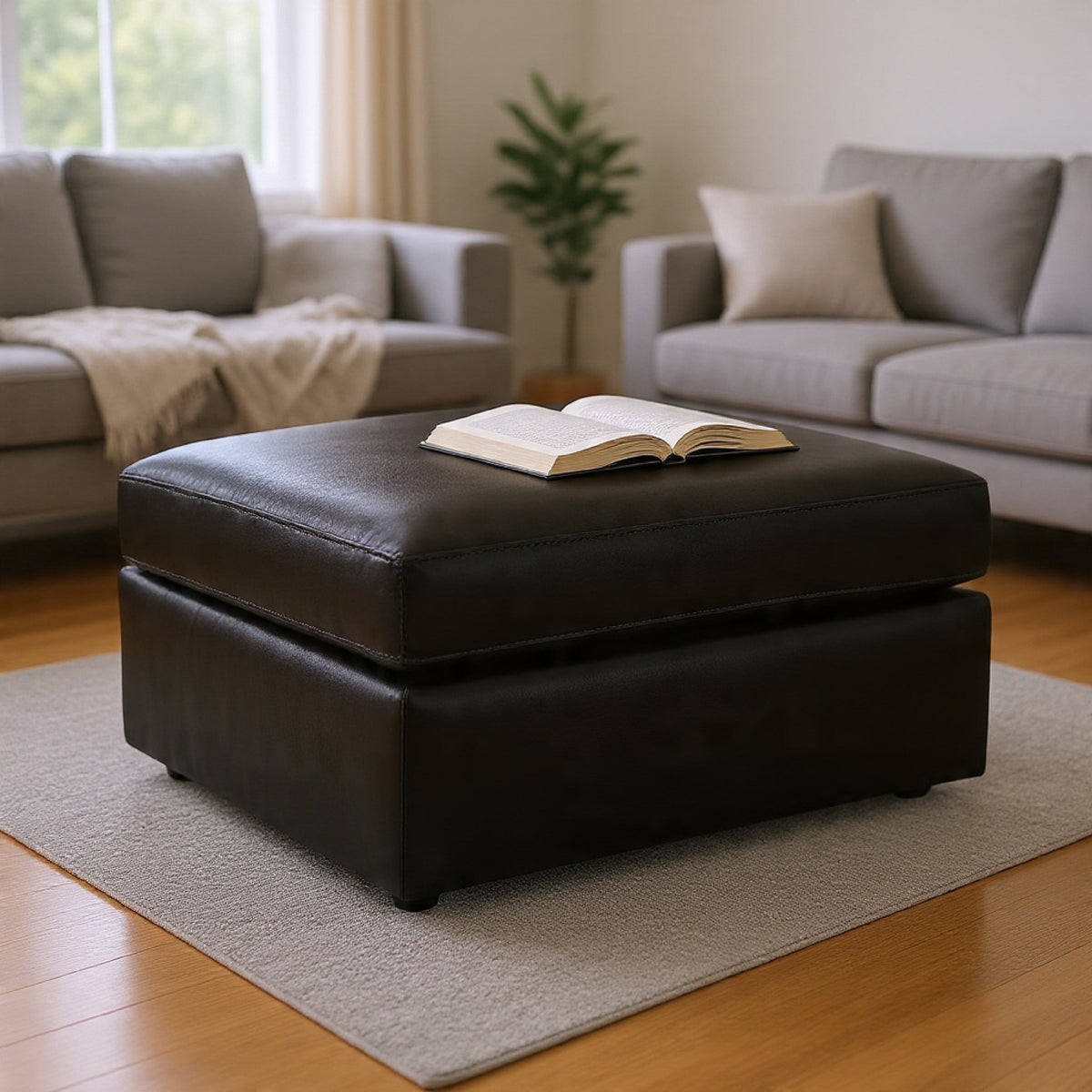 Modie Oversized Square Ottoman, Low Profile, Black Faux Leather 32 Inch-BM354655