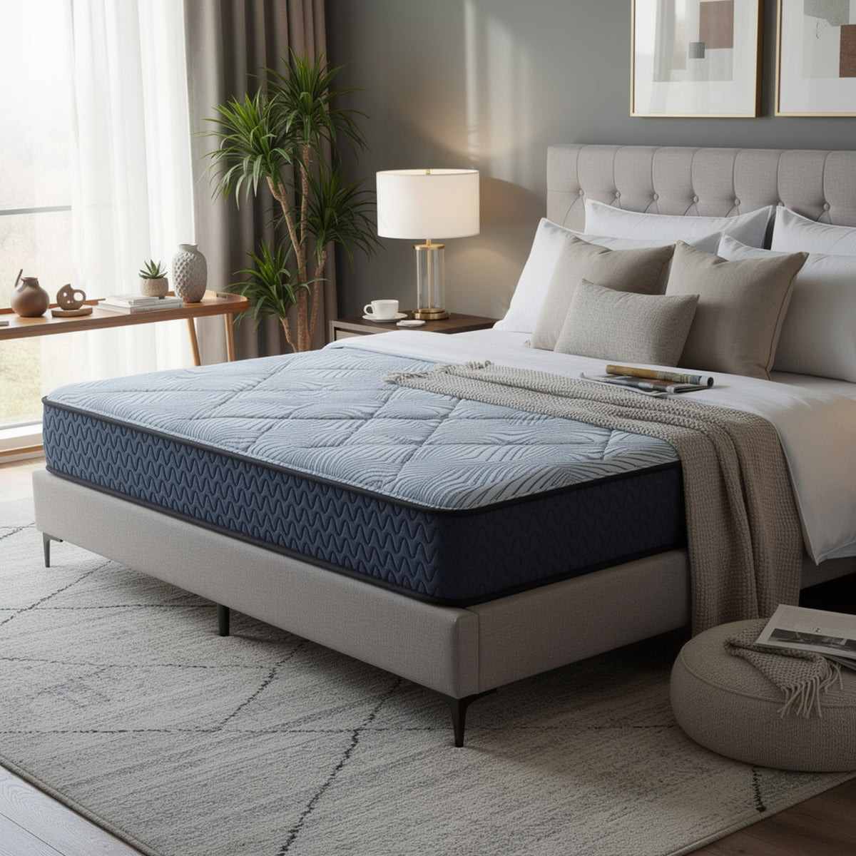 Pmy Hybrid Full Mattress with Cooling Coil Support, Blue Polyester 10 Inch