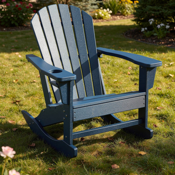 Sunny Outdoor Rocking Adirondack Chair with Built-In Cup, Blue HDPE