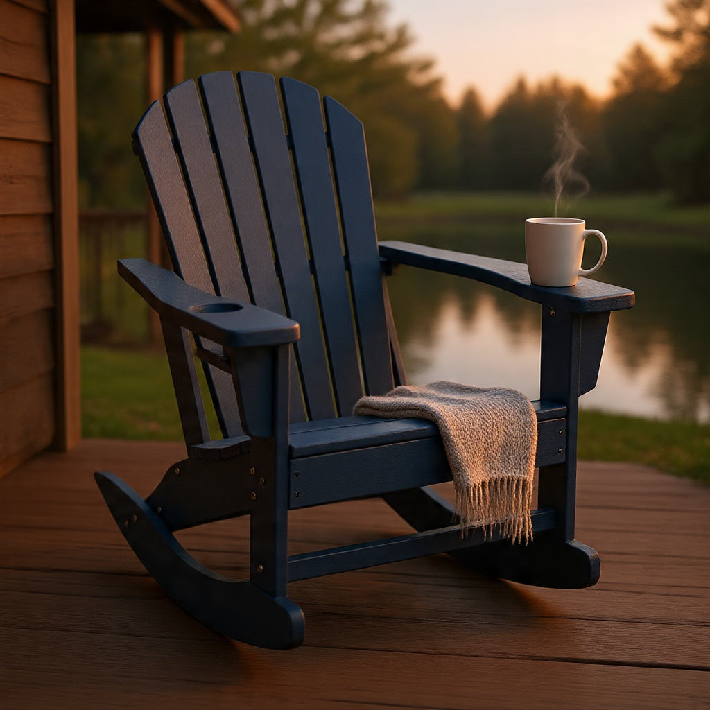 Sunny Outdoor Rocking Adirondack Chair with Built-In Cup, Blue HDPE