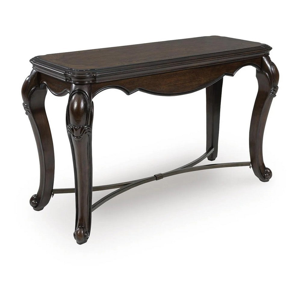 May Sofa Console Table with Ornate Carved Design, Cabriole Legs, Brown Wood 51 Inch - BM354663