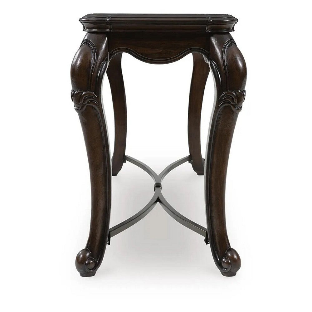 May Sofa Console Table with Ornate Carved Design, Cabriole Legs, Brown Wood 51 Inch - BM354663