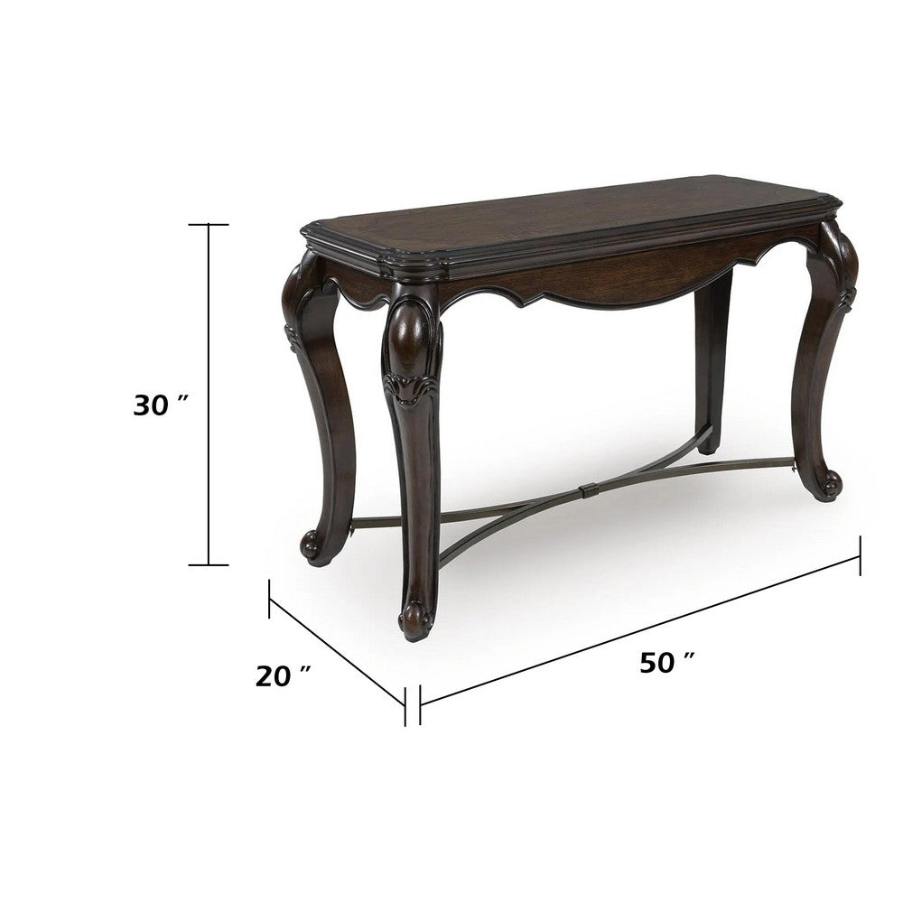 May Sofa Console Table with Ornate Carved Design, Cabriole Legs, Brown Wood 51 Inch - BM354663