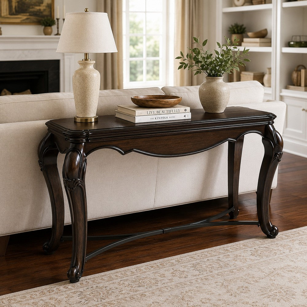 May Sofa Console Table with Ornate Carved Design, Cabriole Legs, Brown Wood 51 Inch - BM354663