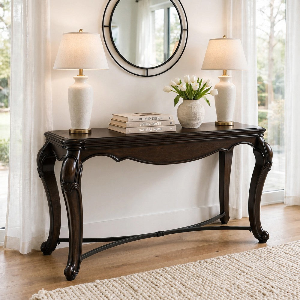 May Sofa Console Table with Ornate Carved Design, Cabriole Legs, Brown Wood 51 Inch - BM354663