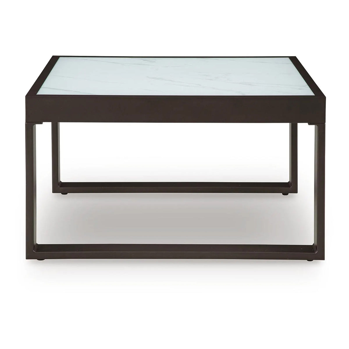 Leca Outdoor Coffee Table, Stone-Look Glass Top, Brown Aluminum 30 Inch