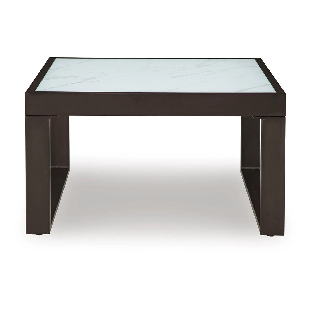Leca Outdoor Coffee Table, Stone-Look Glass Top, Brown Aluminum 30 Inch